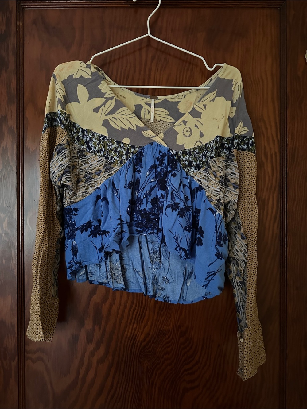 Free People Mixed-Print Blue and Beige Long-Sleeve Patchwork Top